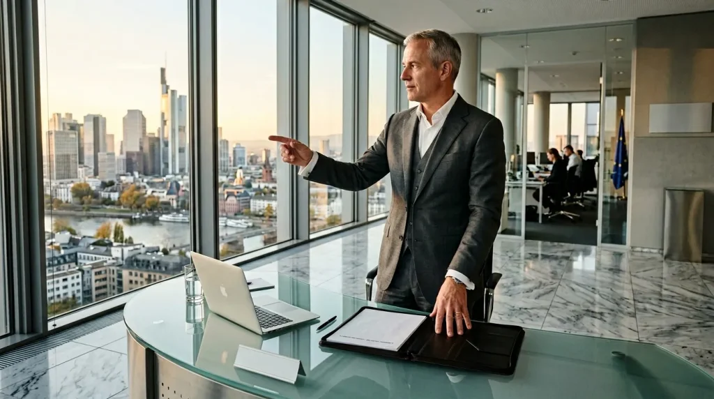 Homme d'affaires pointant vers la ville depuis son bureau haut