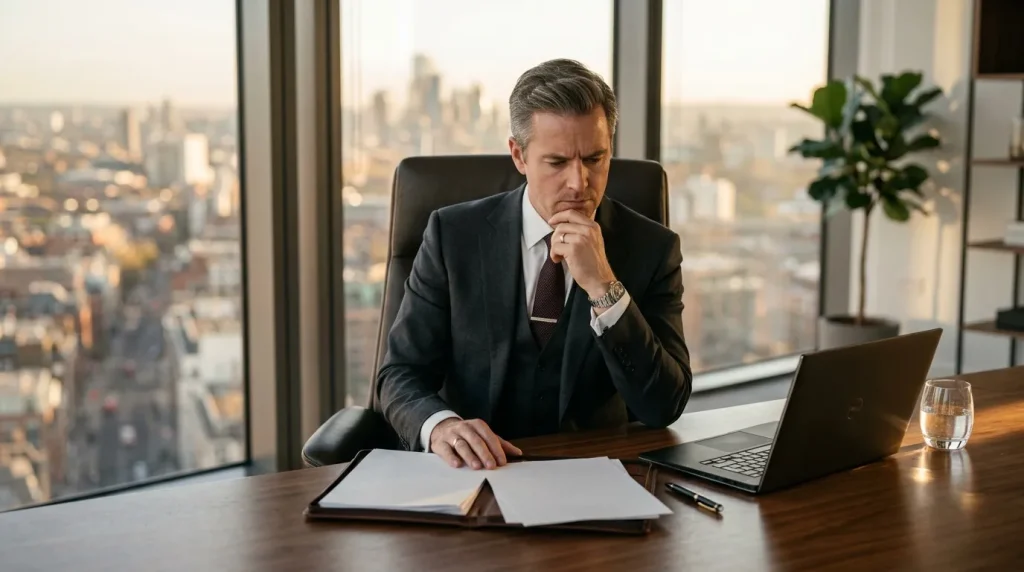 Homme d'affaires pensif à son bureau avec vue urbaine panoramique