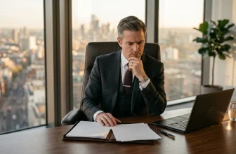Homme d'affaires pensif à son bureau avec vue urbaine panoramique
