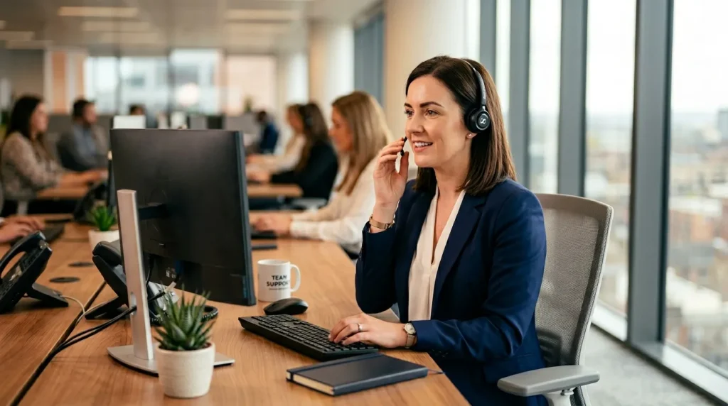 Femme en casque téléphonique travaillant dans un bureau moderne