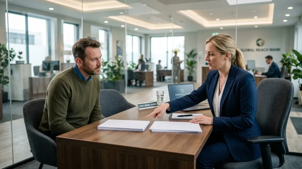 Femme en costume entretient un homme dans un bureau contemporain.