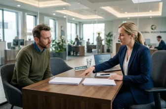Femme en costume entretient un homme dans un bureau contemporain.