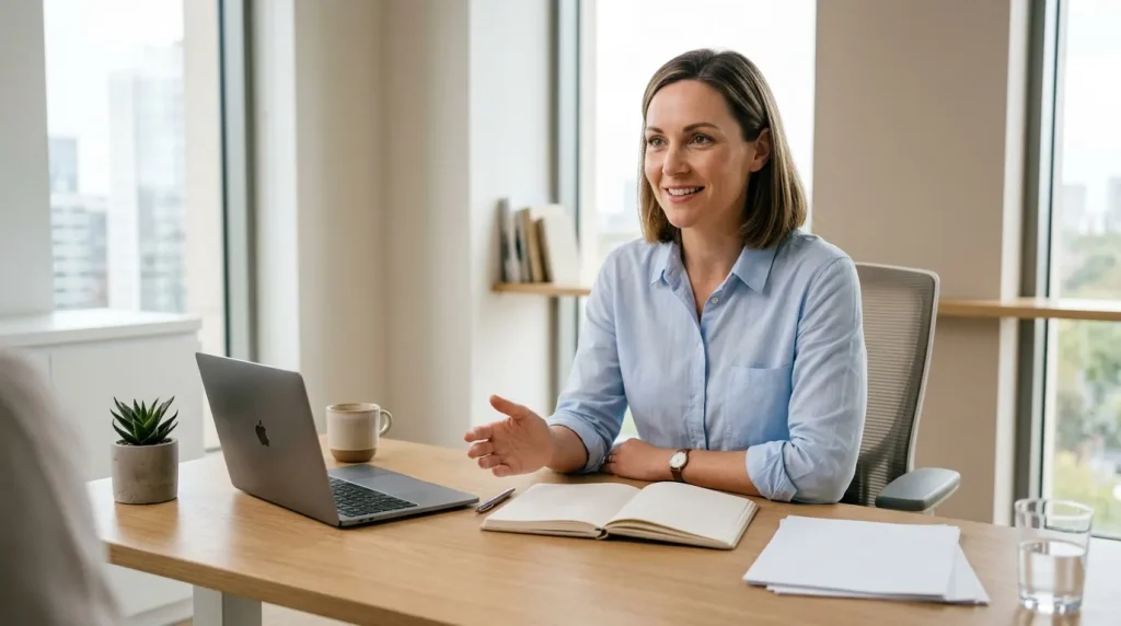 Femme souriante au bureau lors d'une visioconférence