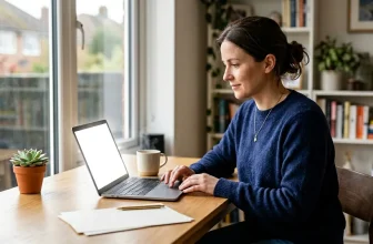 Femme en pull bleu tapant sur son laptop au bureau