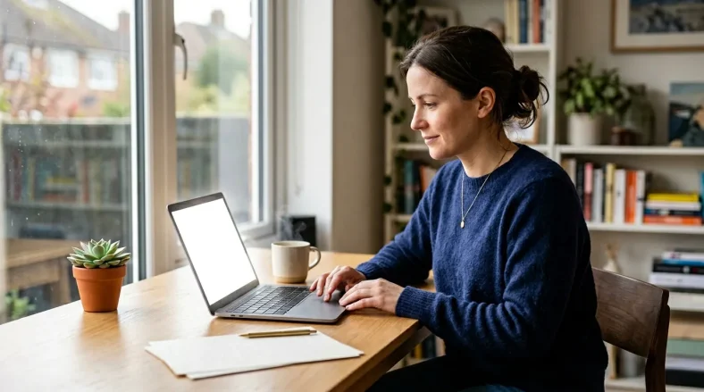 Femme en pull bleu tapant sur son laptop au bureau