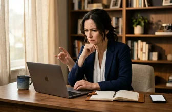 Femme en blazer bleu travaille sur ordinateur portable au bureau