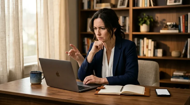 Femme en blazer bleu travaille sur ordinateur portable au bureau