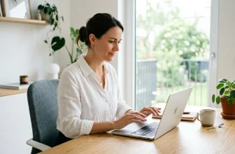 Femme souriante travaillant sur laptop à son bureau