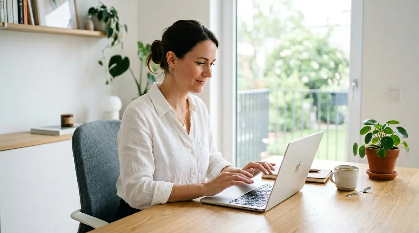 Une adulte travaille sur un ordinateur portable dans un bureau neutre