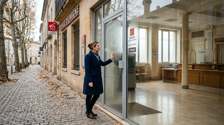 Femme devant un magasin fermé, rue parisienne automne