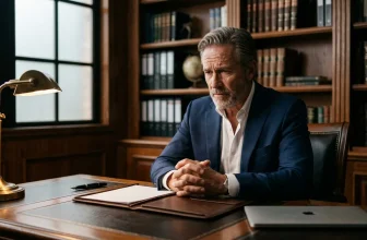 Homme en costume bleu assis à son bureau avec lampe et livres