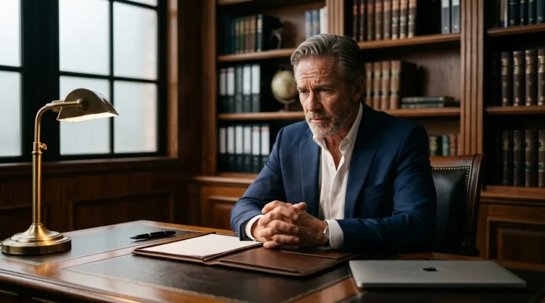 Homme en costume bleu assis à son bureau avec lampe et livres