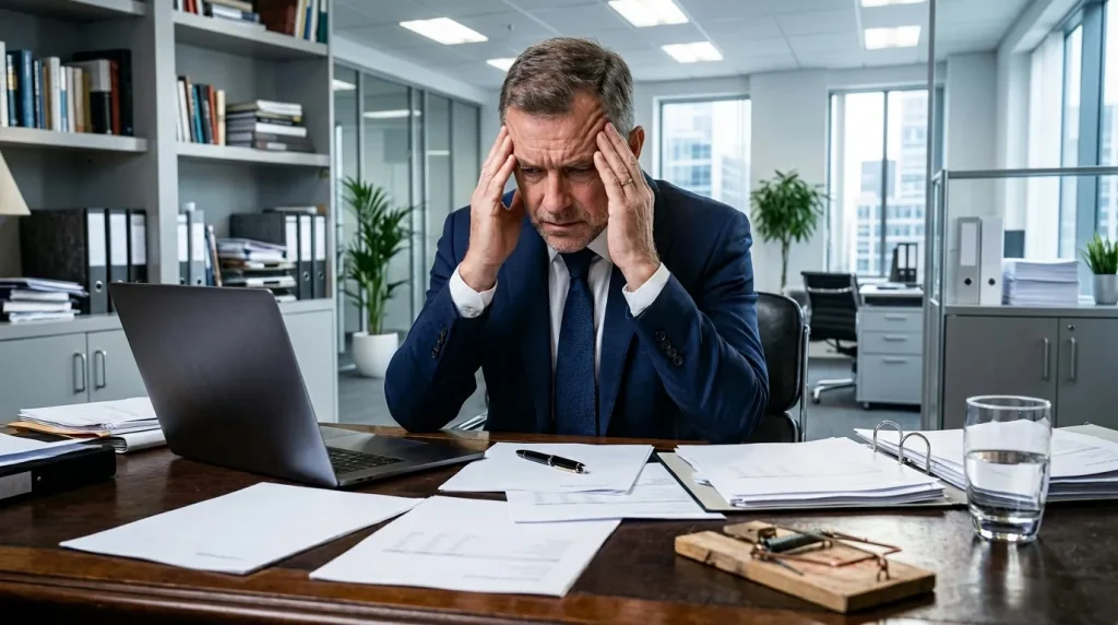 Professionnel fatigué se tenant la tête dans son bureau moderne