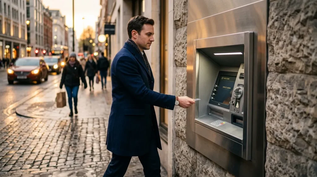 Homme en costume bleu retirant argent guichet automatique rue
