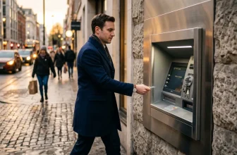 Homme en costume bleu retirant argent guichet automatique rue