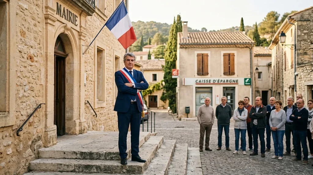 Maire en écharpe tricolore devant mairie avec habitants