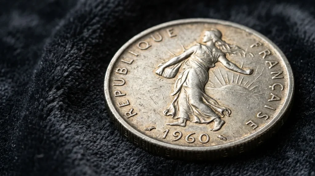 Monnaie française 1960 avec Semeuse sur tissu noir