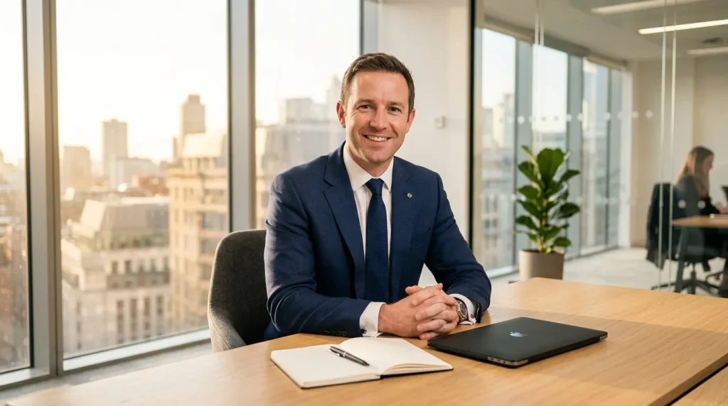 Homme d'affaires souriant à son bureau avec vue urbaine