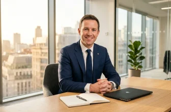 Homme d'affaires souriant à son bureau avec vue urbaine