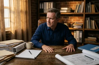 Homme en chemise bleue travaillant à son bureau avec documents