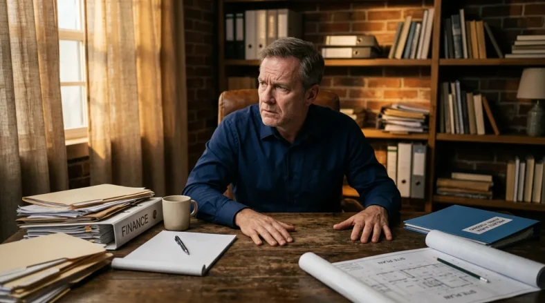 Homme en chemise bleue travaillant à son bureau avec documents