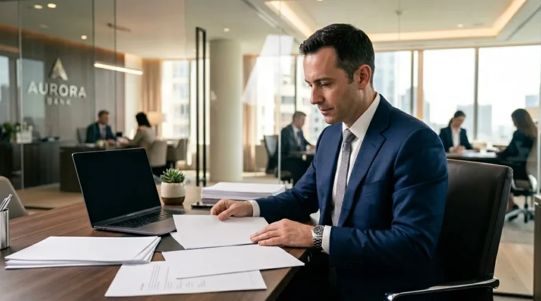 Homme en costume bleu travaillant avec documents au bureau
