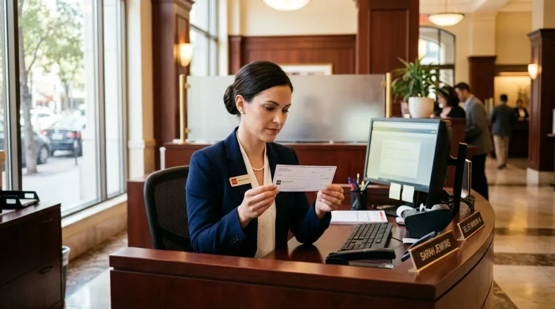 Femme en uniforme bleu examine un chèque au comptoir d'accueil