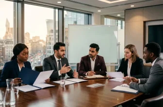 Cinq professionnels discutent autour d'une table de réunion.
