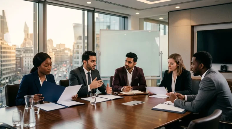 Cinq professionnels discutent autour d'une table de réunion.