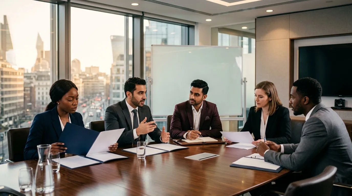 Cinq adultes participent à une réunion professionnelle autour de documents