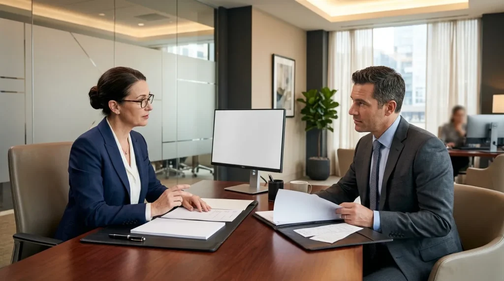 Deux professionnels discutent à une table de réunion