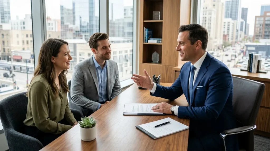 Trois professionnels discutent autour d'une table dans un bureau.