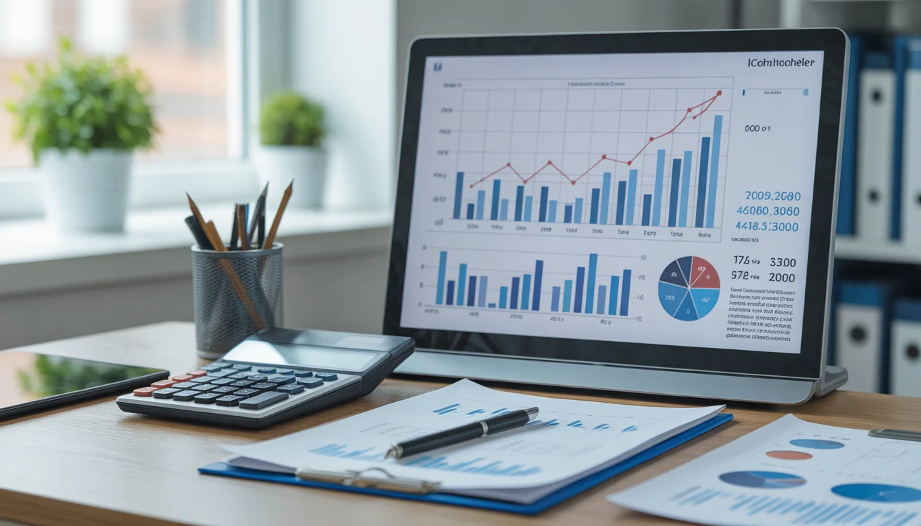 Un écran de bureau affiche des graphiques génériques avec calculatrice et documents