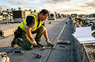 Ouvrier en gilet jaune réparant un toit en ville