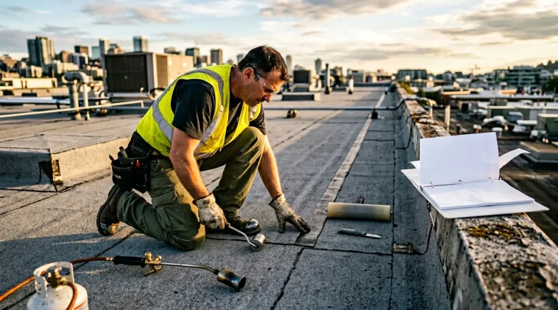 Ouvrier en gilet jaune réparant un toit en ville