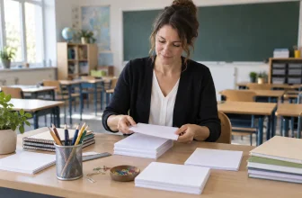 Une enseignante prépare des fiches vierges dans une salle de classe vide