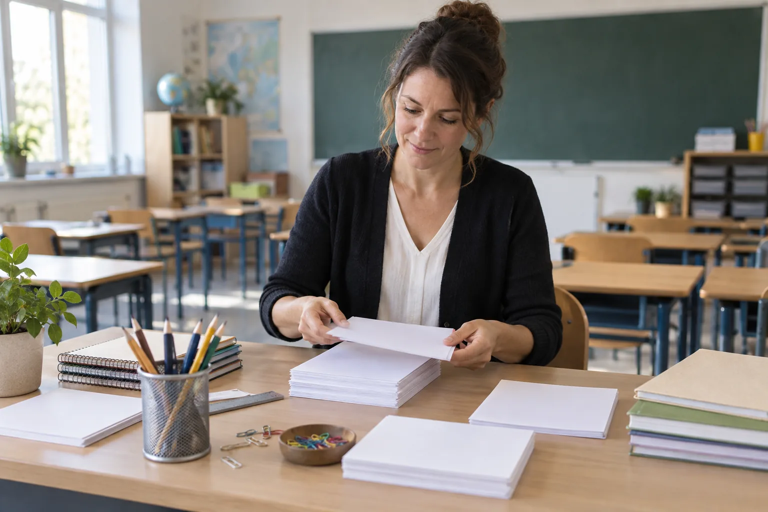 Une enseignante prépare des fiches vierges dans une salle de classe vide
