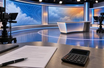 Un studio météo vide avec des écrans abstraits, un contrat flouté et une calculatrice éteinte