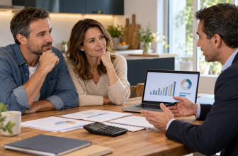 Couple échangeant avec un conseiller sur différents scénarios de regroupement de crédits