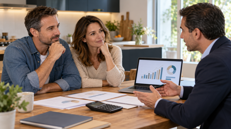 Couple échangeant avec un conseiller sur différents scénarios de regroupement de crédits